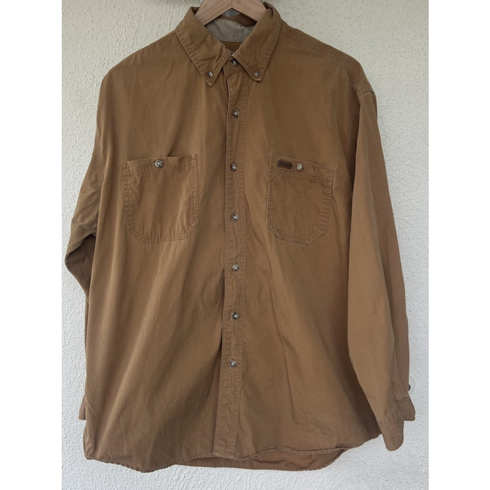 Vintage Carhartt Men’s Tan Button Down Large Utility Shirt Workwear Long Sleeve